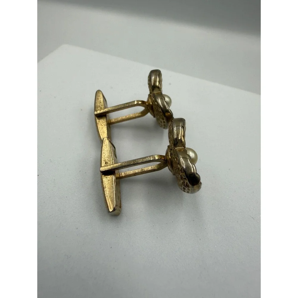 Vintage Gold Tone Heart Faux Pearl Sunburst Textured Cufflinks Toggle Back